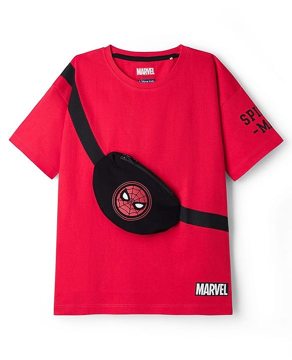 Pine Kids Marvel Terry Knit Drop Shoulder Half Sleeves T-Shirt With Functional Bag Applique - Red