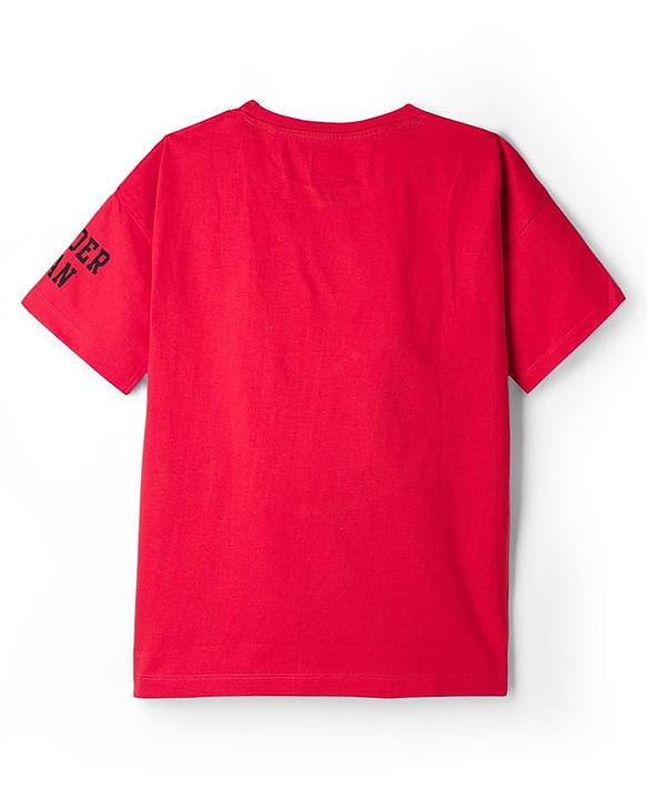 Pine Kids Marvel Terry Knit Drop Shoulder Half Sleeves T-Shirt With Functional Bag Applique - Red