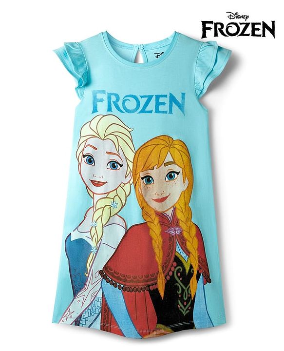 Pine Kids Disney Single Jersey Knit Frill Sleeves Nighty With Elsa & Anna Graphics - Light Blue