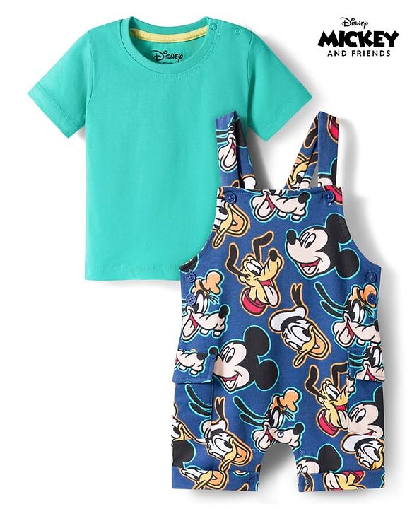 Babyhug Disney Cotton Knit Half Sleeves T-Shirt & Dungaree with Mickey Mouse Graphic - Blue