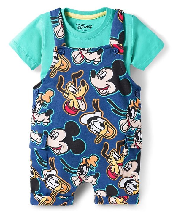 Babyhug Disney Cotton Knit Half Sleeves T-Shirt & Dungaree with Mickey Mouse Graphic - Blue