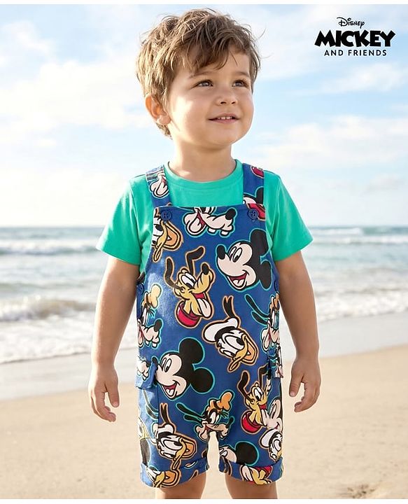 Babyhug Disney Cotton Knit Half Sleeves T-Shirt & Dungaree with Mickey Mouse Graphic - Blue