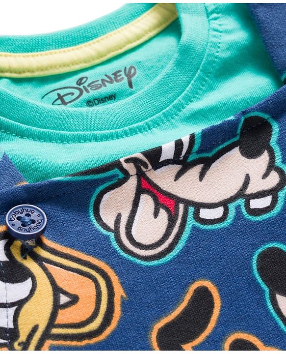 Babyhug Disney Cotton Knit Half Sleeves T-Shirt & Dungaree with Mickey Mouse Graphic - Blue