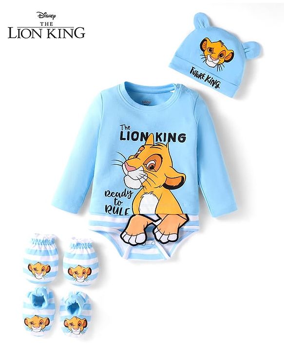 Babyhug Disney Interlock Knit Full Sleeves Onesie with Cap Mittens & Booties Lion King Graphic - Blue