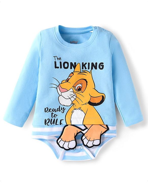 Babyhug Disney Interlock Knit Full Sleeves Onesie with Cap Mittens & Booties Lion King Graphic - Blue