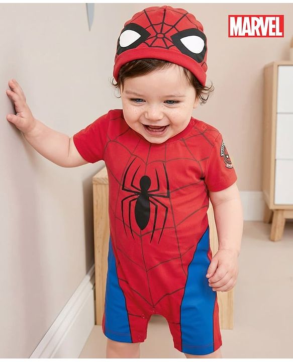 Babyhug Marvel 100% Cotton Knit Half Sleeves Romper With Spider Man Graphic & Cap - Red