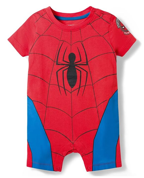 Babyhug Marvel 100% Cotton Knit Half Sleeves Romper With Spider Man Graphic & Cap - Red