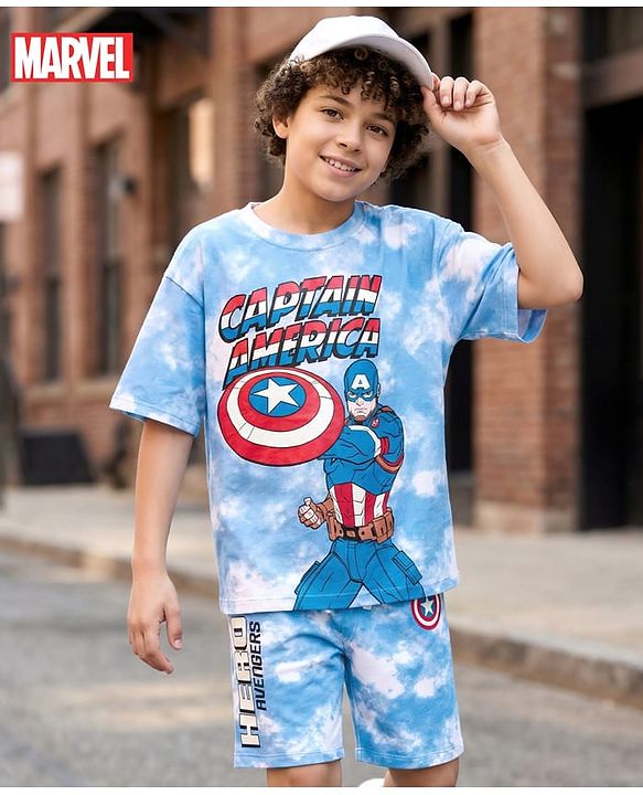 Pine Kids Marvel Single Jersey Knit Half Sleeves T-Shirt & Shorts Set With Captain America Graphics - Multicolor
