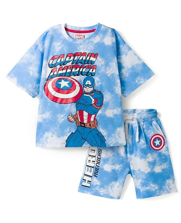 Pine Kids Marvel Single Jersey Knit Half Sleeves T-Shirt & Shorts Set With Captain America Graphics - Multicolor