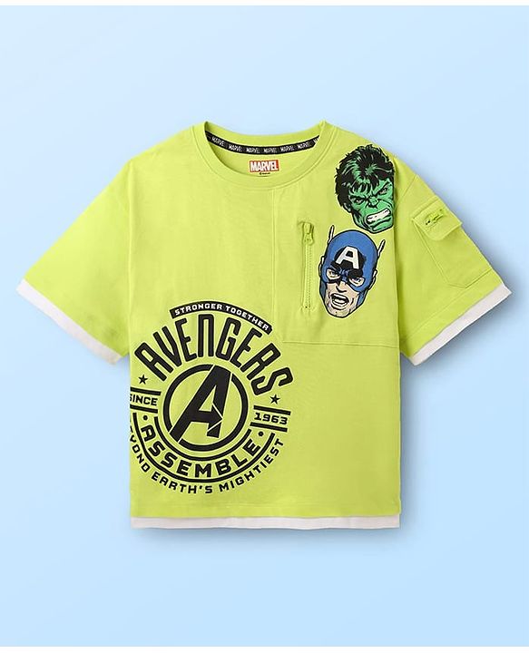 Pine Kids Marvel Terry Knit Oversized Drop Shoulder Half Sleeves T-Shirt with Avengers Graphics - Limegreen