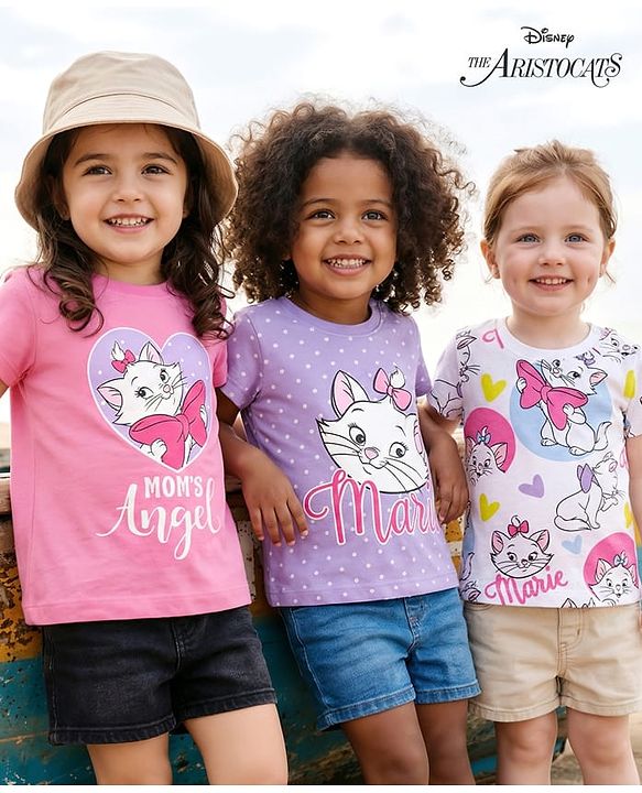 Babyhug Disney Single Jersey knit Half Sleeves T-Shirts with Marie Graphic Pack of 3 - Multicolor