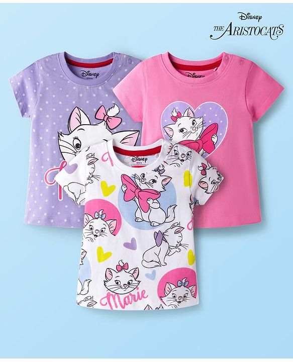 Babyhug Disney Single Jersey knit Half Sleeves T-Shirts with Marie Graphic Pack of 3 - Multicolor