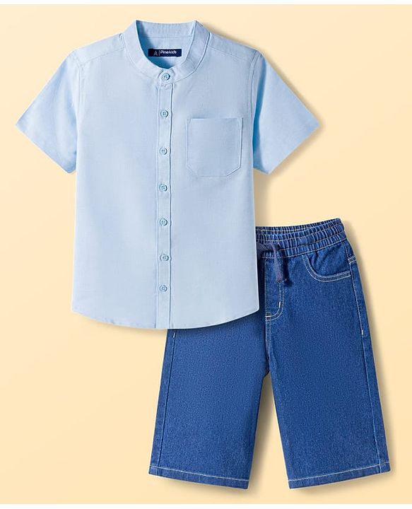 Pine Kids Cotton Woven Half Sleeves Solid Shirt & Denim Shorts Set - Blue