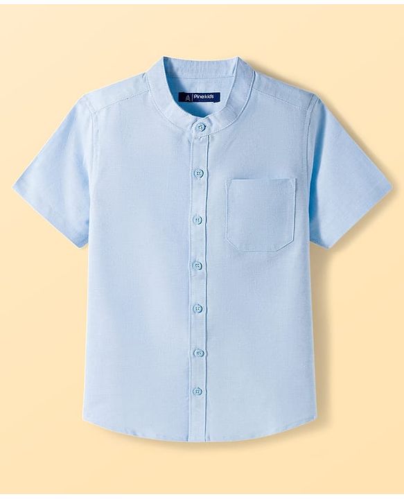 Pine Kids Cotton Woven Half Sleeves Solid Shirt & Denim Shorts Set - Blue