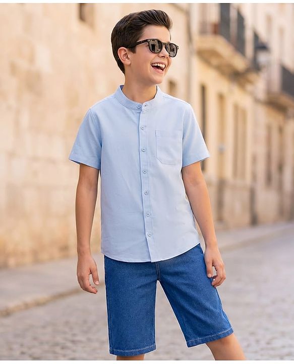 Pine Kids Cotton Woven Half Sleeves Solid Shirt & Denim Shorts Set - Blue