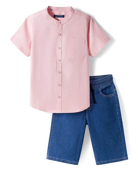 Pine Kids Cotton Woven Half Sleeves Solid Color Shirt & Denim Shorts Set - Peach & Blue