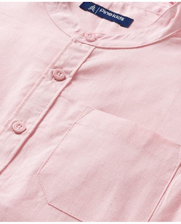 Pine Kids Cotton Woven Half Sleeves Solid Color Shirt & Denim Shorts Set - Peach & Blue
