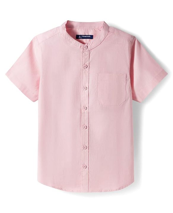 Pine Kids Cotton Woven Half Sleeves Solid Color Shirt & Denim Shorts Set - Peach & Blue