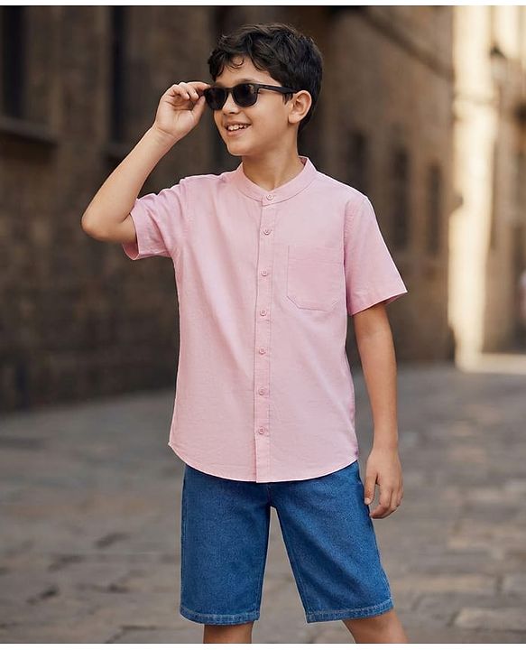 Pine Kids Cotton Woven Half Sleeves Solid Color Shirt & Denim Shorts Set - Peach & Blue