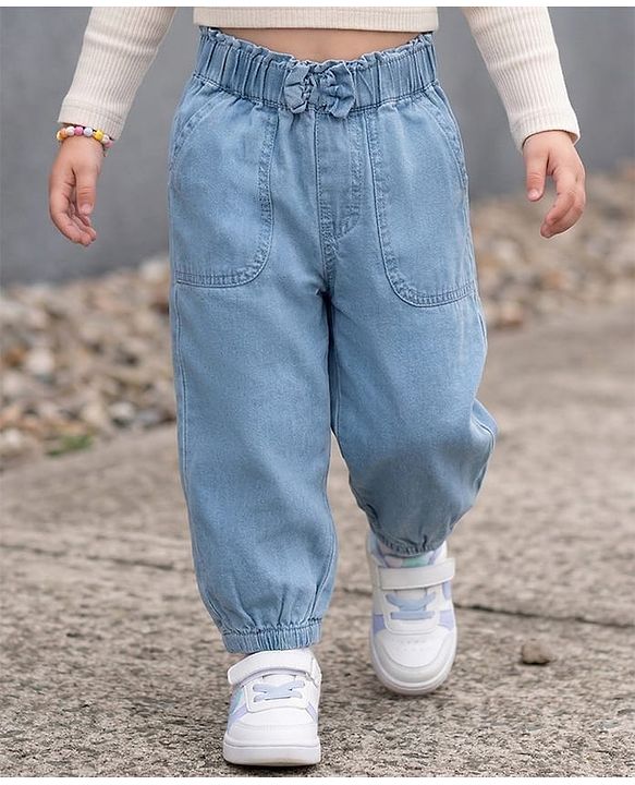 Babyhug Full Length Solid Color Denim Joggers with Bow Applique - Light Blue
