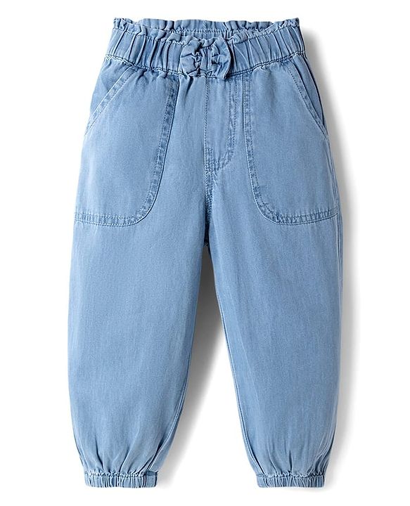 Babyhug Full Length Solid Color Denim Joggers with Bow Applique - Light Blue