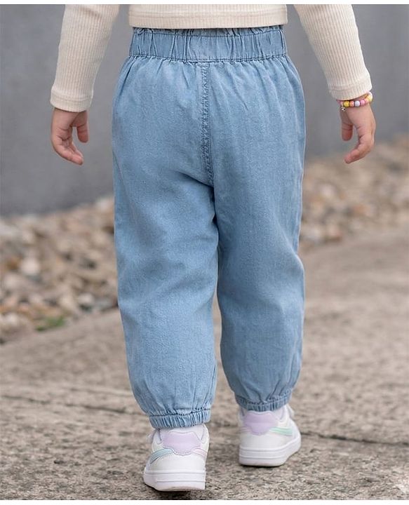 Babyhug Full Length Solid Color Denim Joggers with Bow Applique - Light Blue