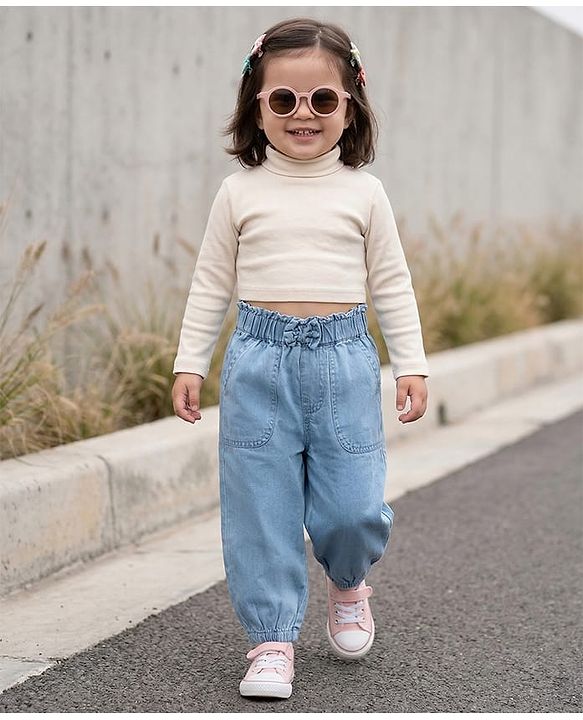 Babyhug Full Length Solid Color Denim Joggers with Bow Applique - Light Blue