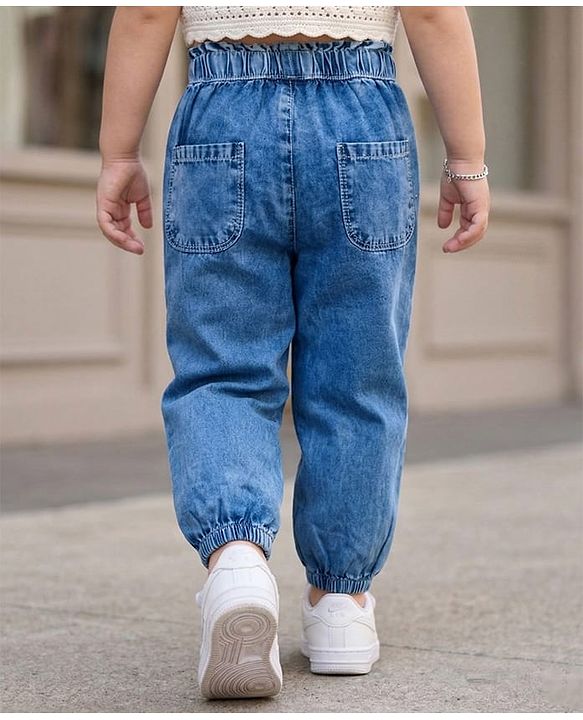 Babyhug Full Length Solid Color Denim Joggers with Bow Applique - Blue