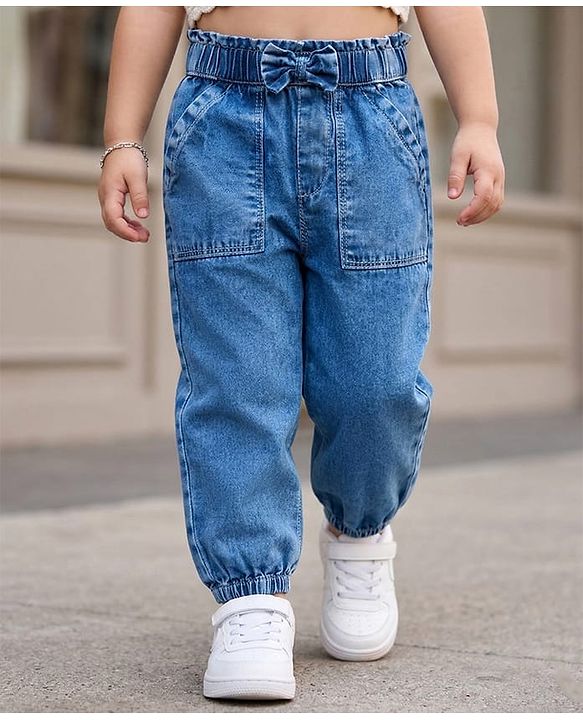 Babyhug Full Length Solid Color Denim Joggers with Bow Applique - Blue