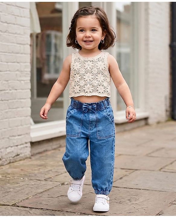 Babyhug Full Length Solid Color Denim Joggers with Bow Applique - Blue
