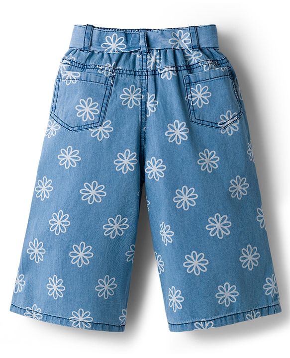Babyhug Ankle Length Denim Culottes with Belt & Floral Print - Navy Blue