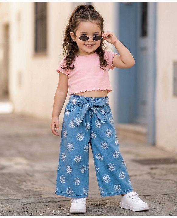 Babyhug Ankle Length Denim Culottes with Belt & Floral Print - Navy Blue