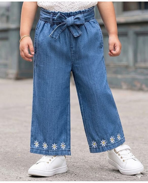Babyhug Denim Ankle Length Floral Embroidered Culottes With Belt - Blue