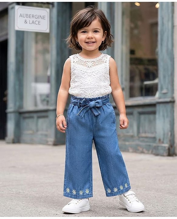 Babyhug Denim Ankle Length Floral Embroidered Culottes With Belt - Blue