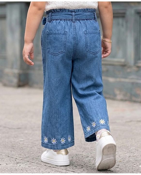 Babyhug Denim Ankle Length Floral Embroidered Culottes With Belt - Blue
