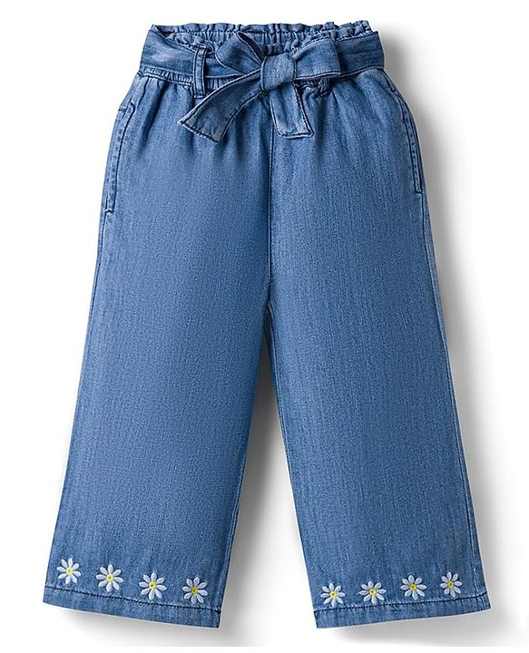 Babyhug Denim Ankle Length Floral Embroidered Culottes With Belt - Blue