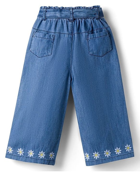 Babyhug Denim Ankle Length Floral Embroidered Culottes With Belt - Blue