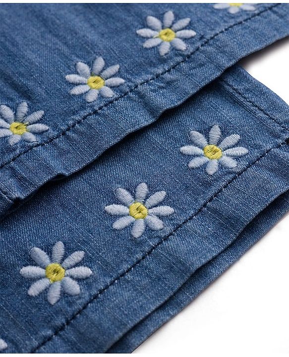Babyhug Denim Ankle Length Floral Embroidered Culottes With Belt - Blue