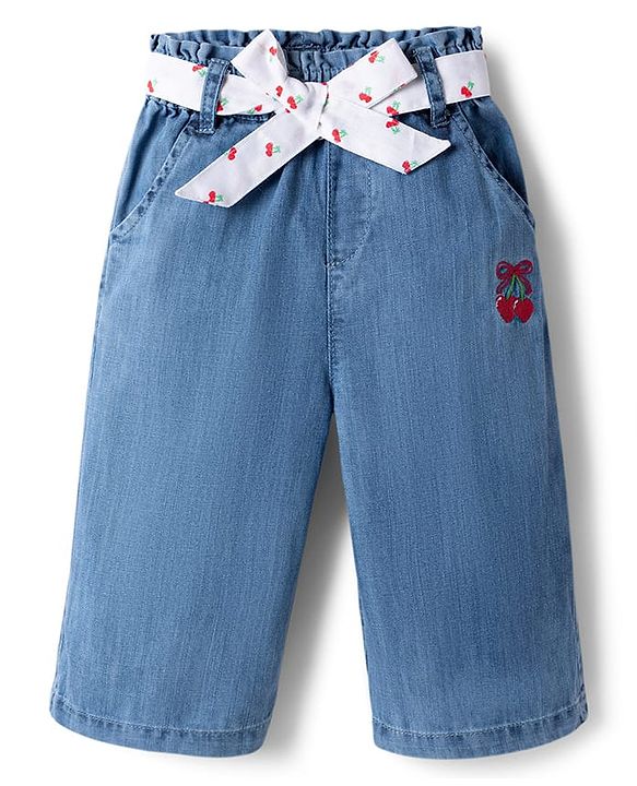 Babyhug Ankle Lenght Denim Culottes with Belt & Cherry Embroidery - Blue