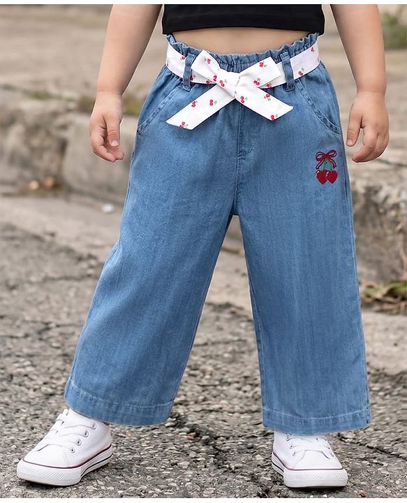Babyhug Ankle Lenght Denim Culottes with Belt & Cherry Embroidery - Blue