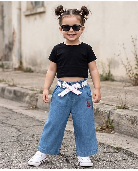 Babyhug Ankle Lenght Denim Culottes with Belt & Cherry Embroidery - Blue