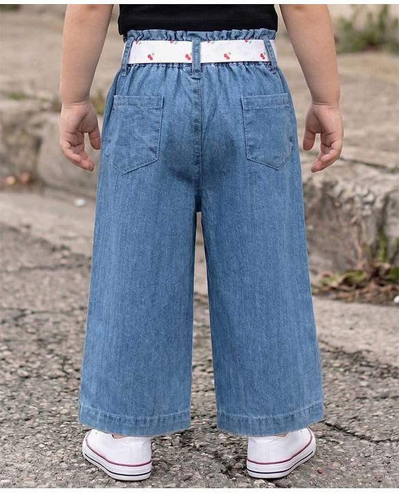 Babyhug Ankle Lenght Denim Culottes with Belt & Cherry Embroidery - Blue