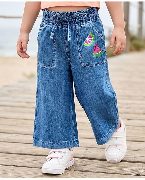 Babyhug Denim Capri With Watermelon Embroidery - Blue