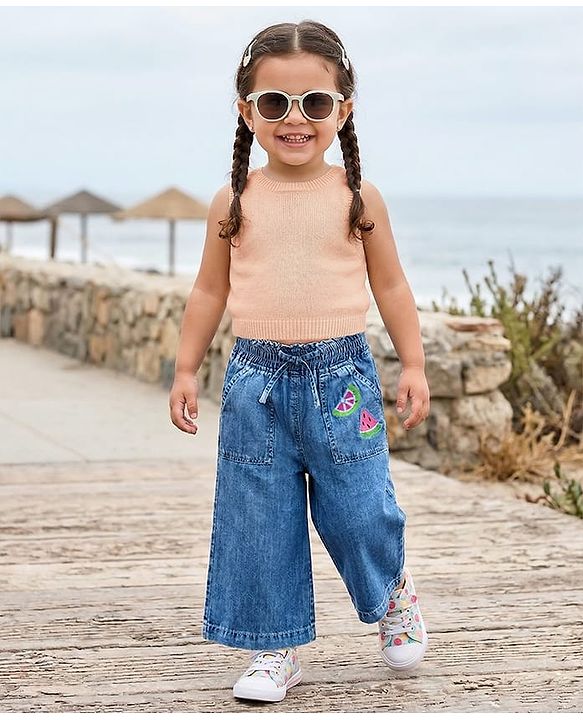 Babyhug Denim Capri With Watermelon Embroidery - Blue