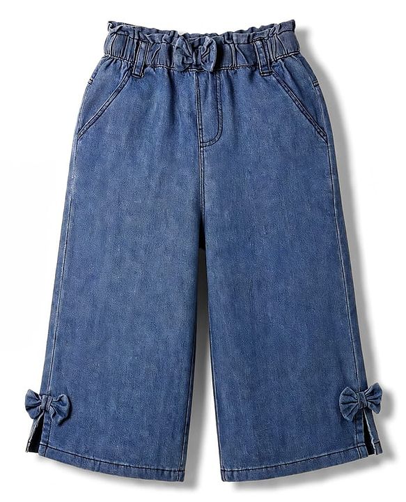 Babyhug Denim Washed ANkle Length Culottes With Bow Applique - Blue