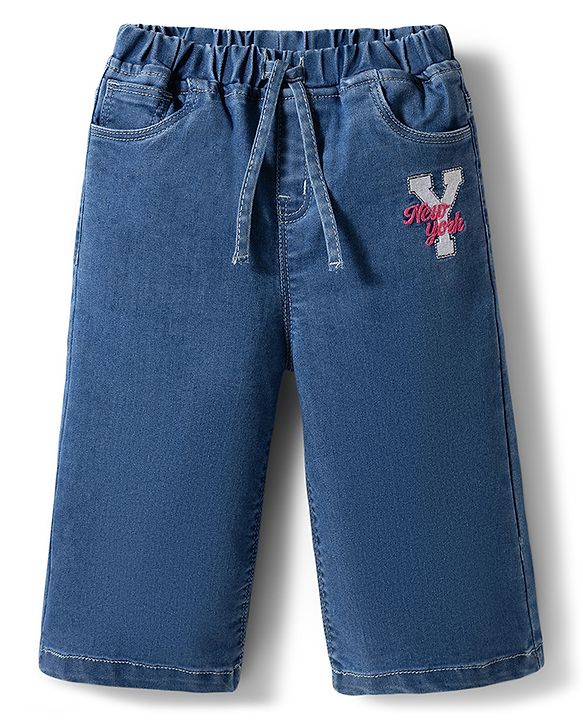 Babyhug Ankle Length Washed Denim Culotte with Stretch - Blue