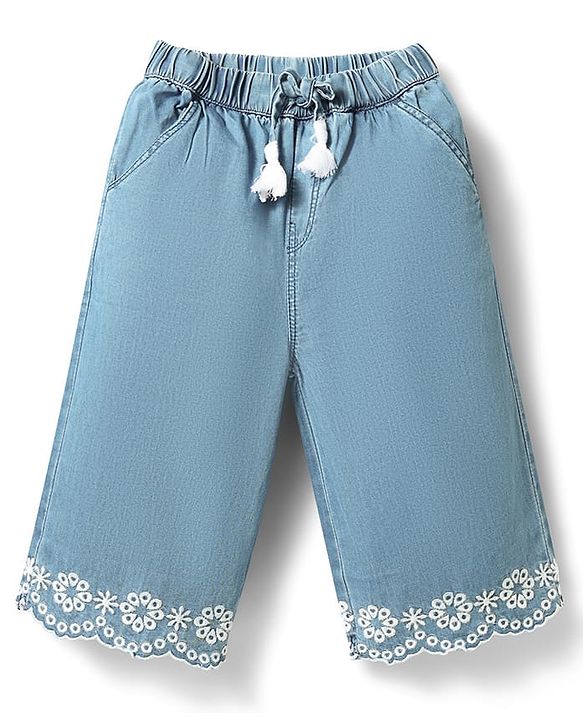 Babyhug Denim Cotton Ankle Length Washed & Floral Embroidered Jeans - Light Blue