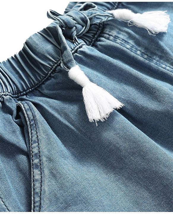Babyhug Denim Cotton Ankle Length Washed & Floral Embroidered Jeans - Light Blue
