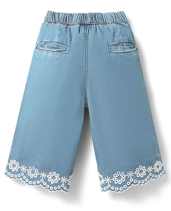 Babyhug Denim Cotton Ankle Length Washed & Floral Embroidered Jeans - Light Blue