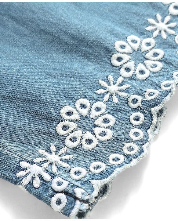 Babyhug Denim Cotton Ankle Length Washed & Floral Embroidered Jeans - Light Blue